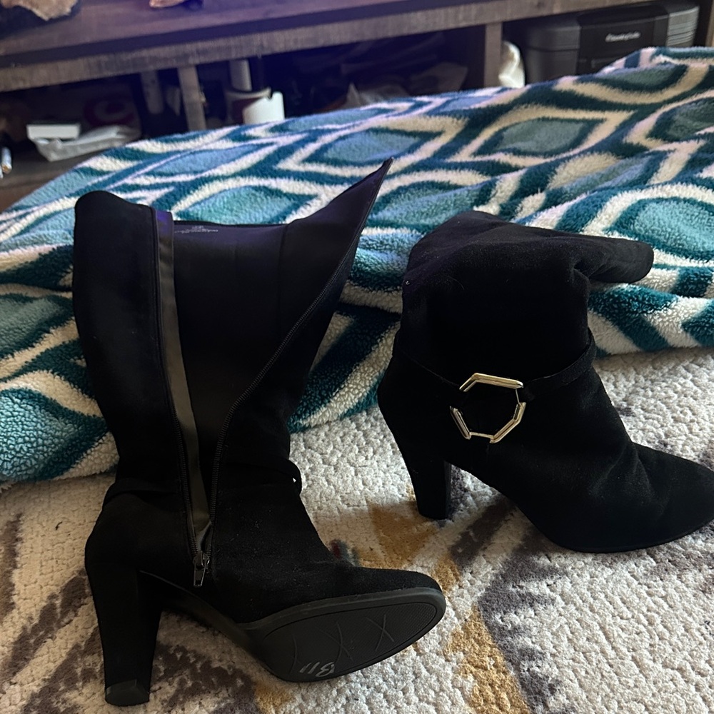 Elegant Black Suede Heeled Boots with Gold Detail